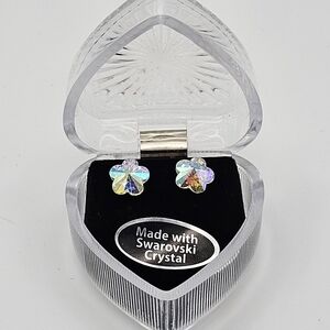 Swarovski Crystal Clover Stud Earrings Iridescent AB in Heart Box Gift for Her